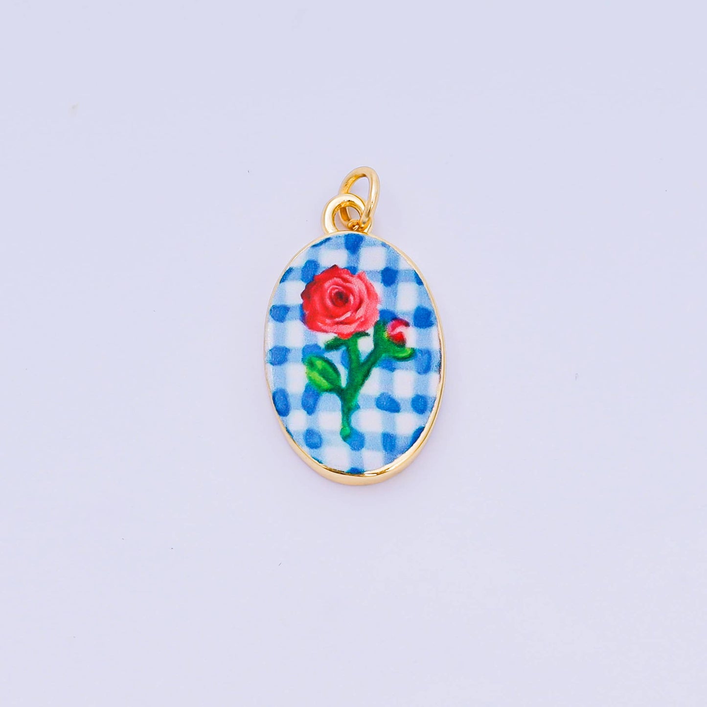 Double Sided Gold Oval Enamel Charms Painted Mediterranean