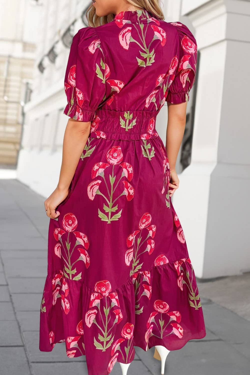 Floral V Neck Short Puff Sleeve Pockets Maxi Dress | S-XL
