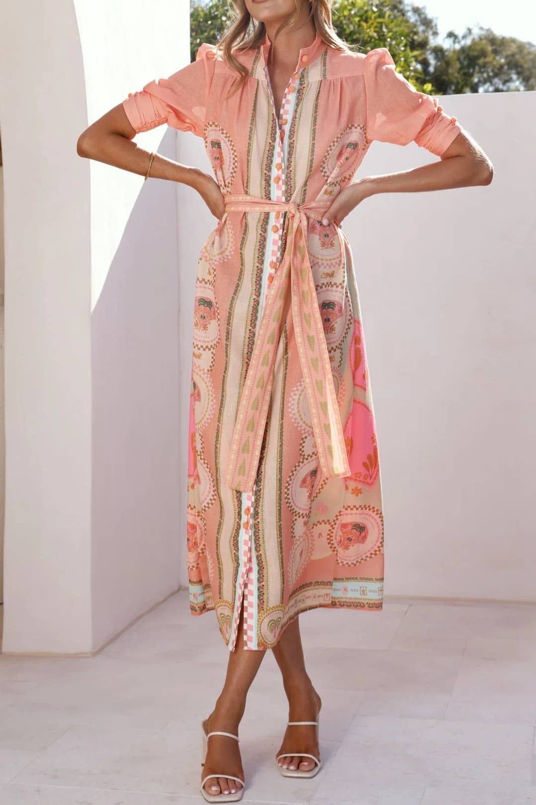 Acacia Palm tile print belted maxi shirt dress