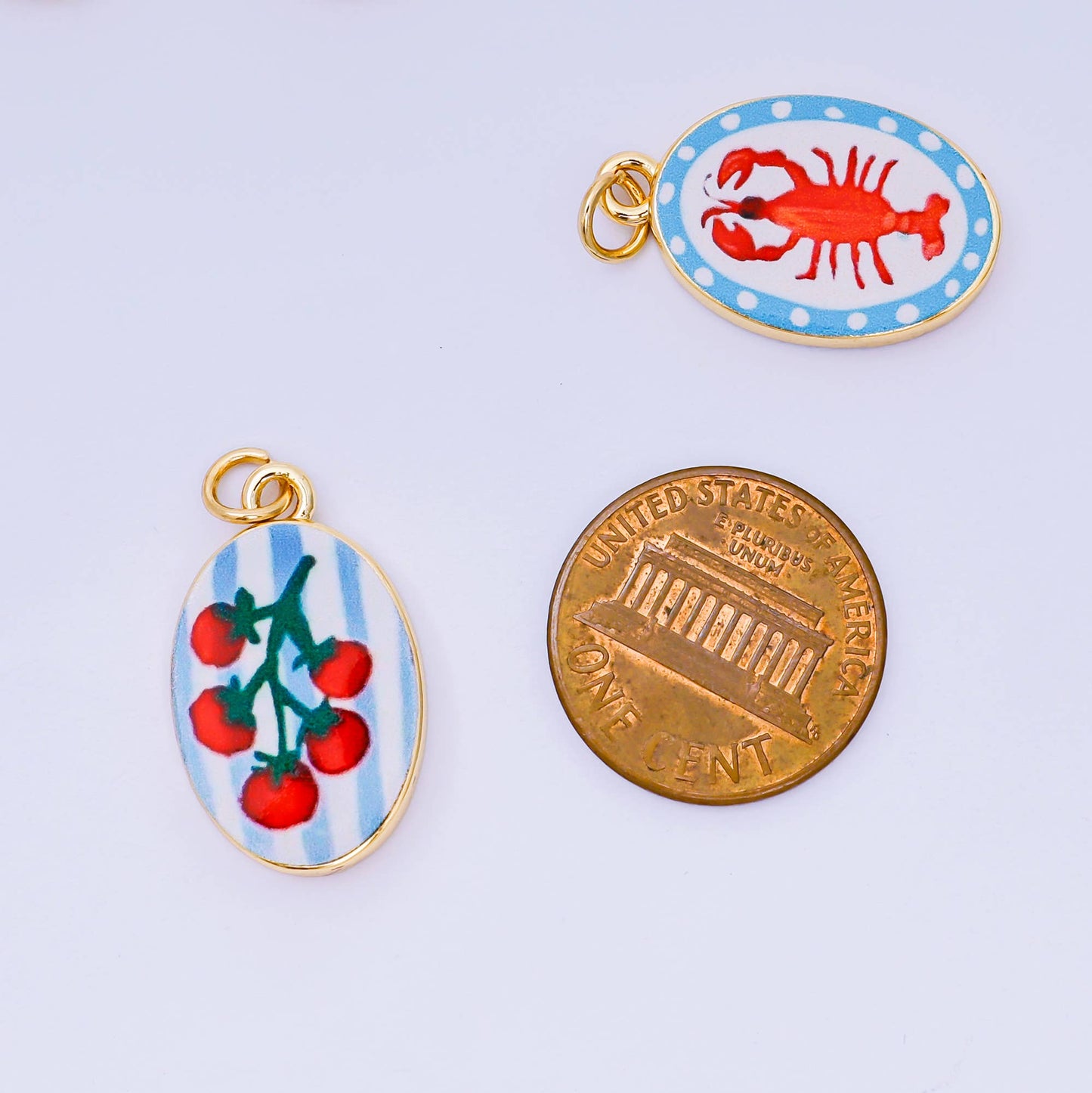 Double Sided Gold Oval Enamel Charms Painted Mediterranean
