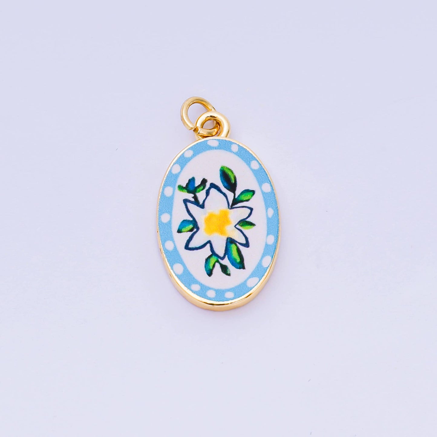 Double Sided Gold Oval Enamel Charms Painted Mediterranean