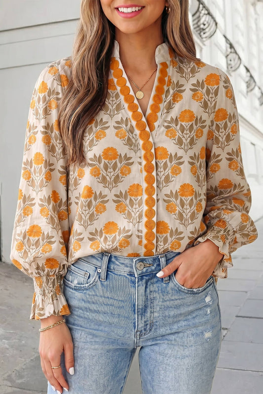Floral Print V Neck Tunic Top Casual Shift Blouse | S-XL
