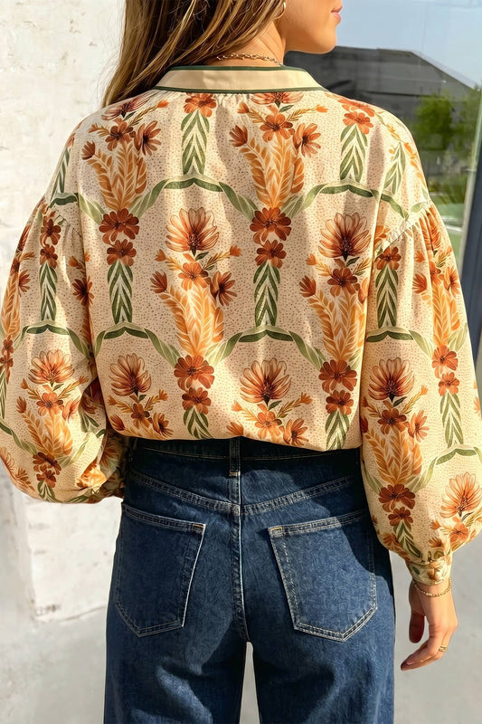 Floral Print V Neck Long Sleeve Shirt | S-XL